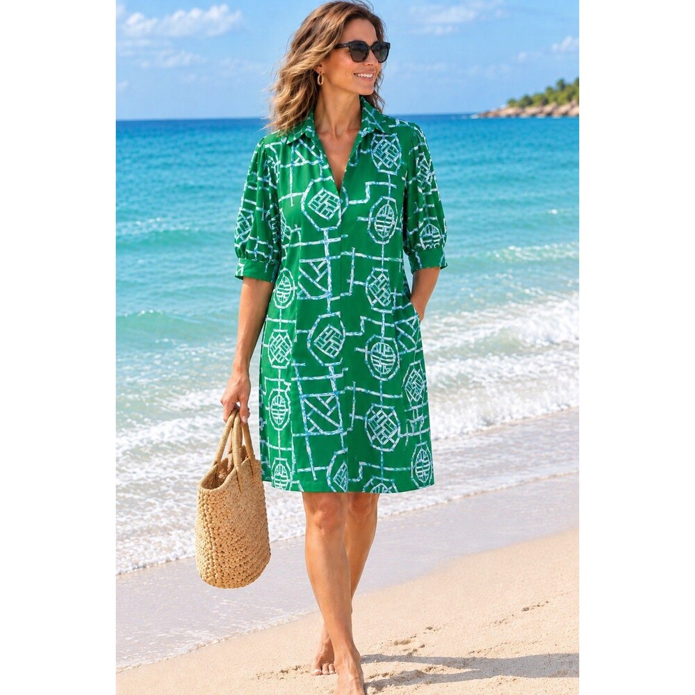 Jude Connally Emerson Dress Women L Bamboo Green Blue Puff Preppy Resort Cruise